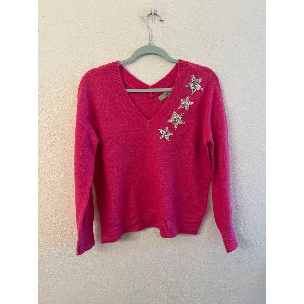 Pink Loft Medium V-Neck Sweater With Sequin Star Embellishments women size mediu